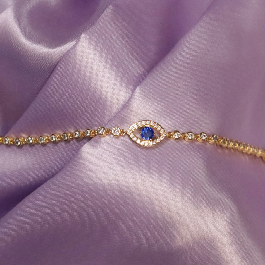 Evil eye bracelet in gold plated, sterling silver base with rhinestones. Evil eye. Evil eye bracelet. Evil eye jewelry.