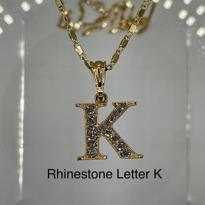 Rhinestone letter K pendant 14k gold plated on gold plated cute necklace. Letter pendants.