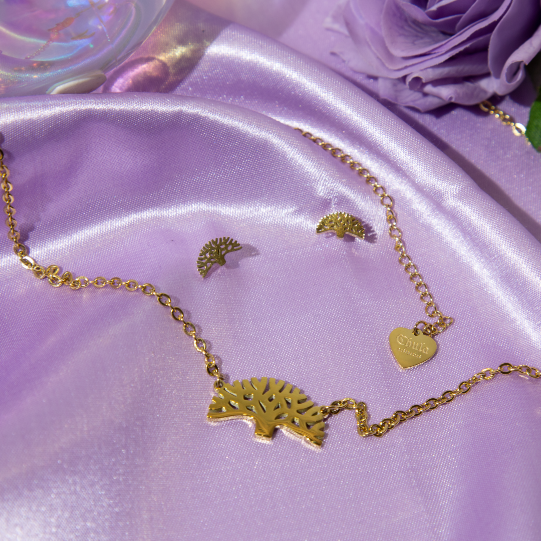 Oakland Tree Set displayed on purple sheet. Oakland Tree necklace and Oakland Tree stud earrings. Oakland Tree Set necklace and earrings. Oakland tree.