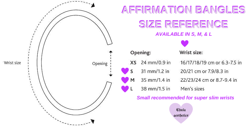affirmation bangle size reference sheet.